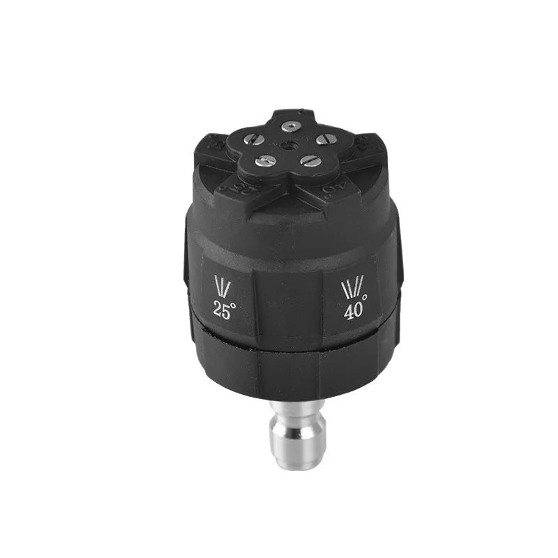 Five-in-one plastic spray nozzle for high-pressure water guns showing five spray pattern settings