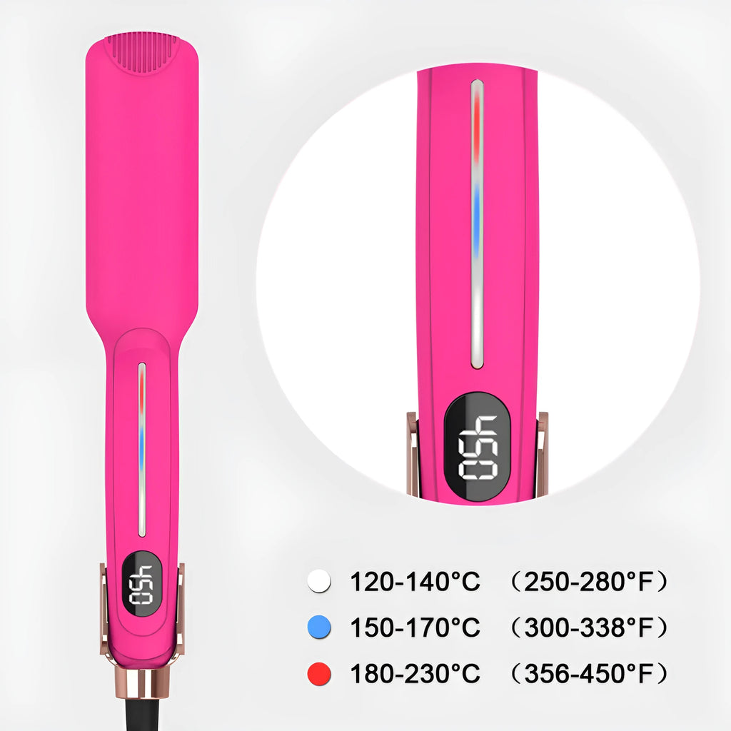 Rose red infrared salon hair straightener and curler with 1.5-inch barrel and negative ion feature on a white background