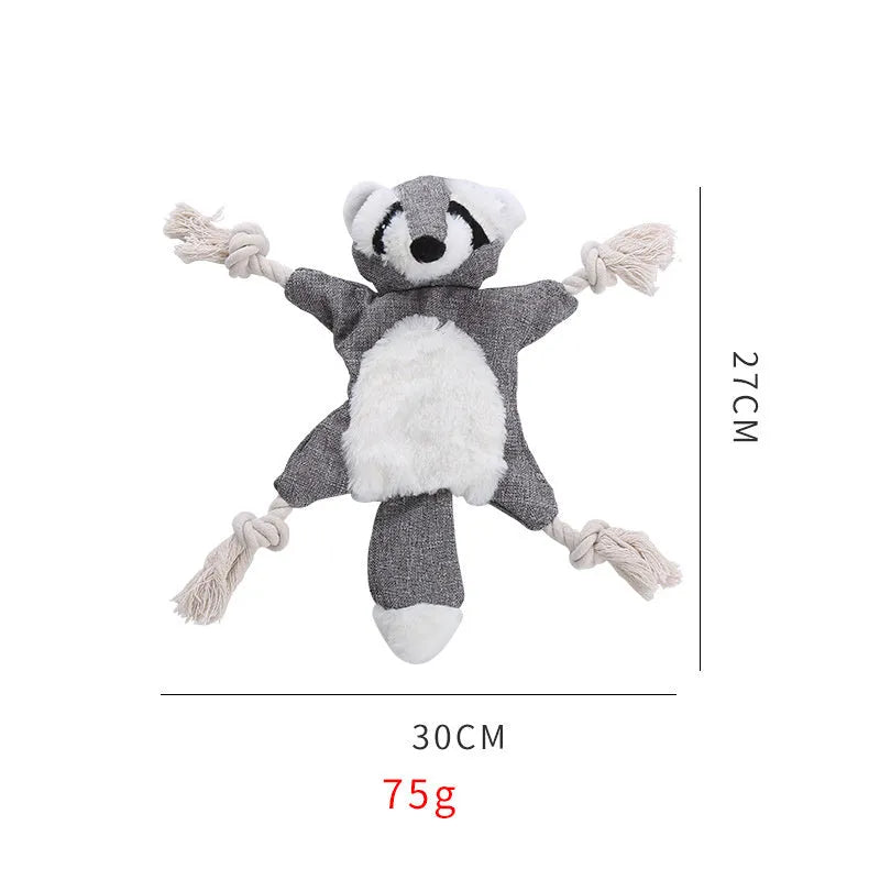 Brown plush fox dog toy with embroidered eyes, rope arms, and a squeaker in its head.