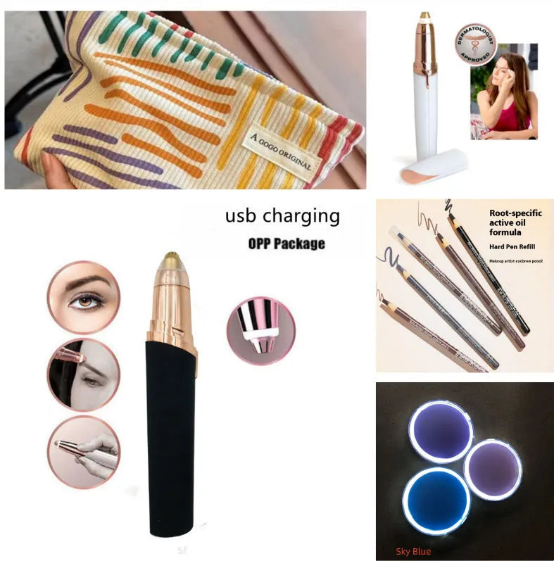 Eyebrow epilator pen with gold plated head and LED light on pink background