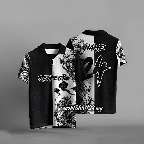 Black loose fit t-shirt with 3D digital print design, short sleeves, polyester fabric