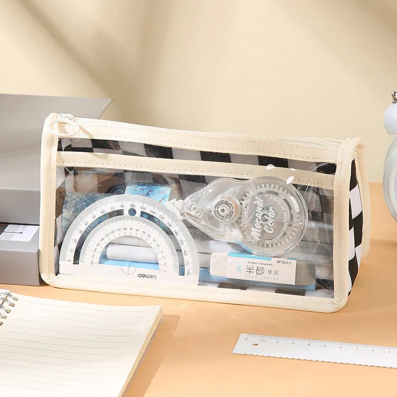 Transparent PVC pencil case with chessboard grid pattern, dimensions 21.5 x 8 x 11.5 cm