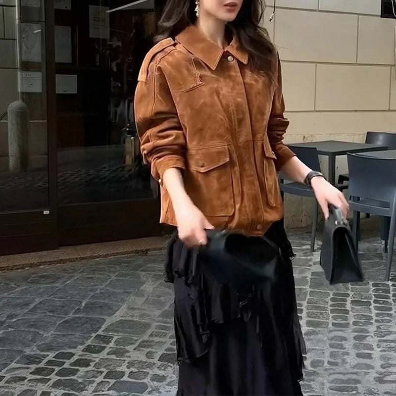 Women's street chic suede coat with regular sleeves in bright brown colour option