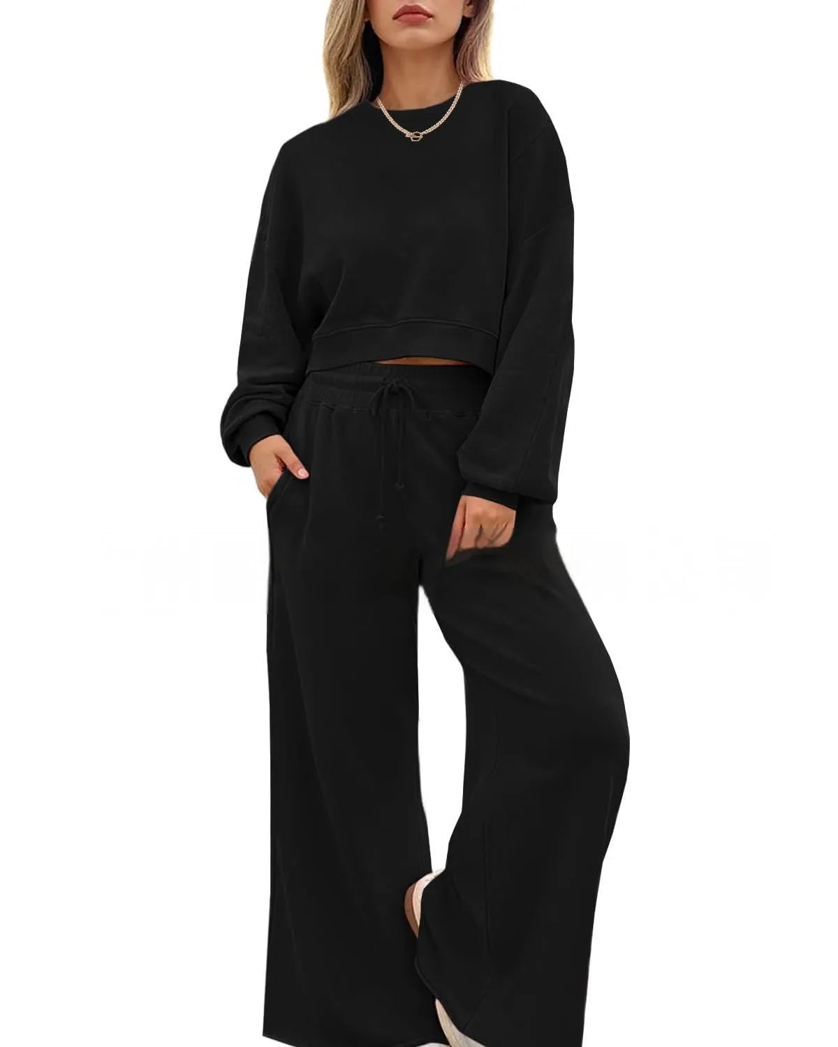 Women's solid colour polyester trousers set with long sleeves in street hipster style