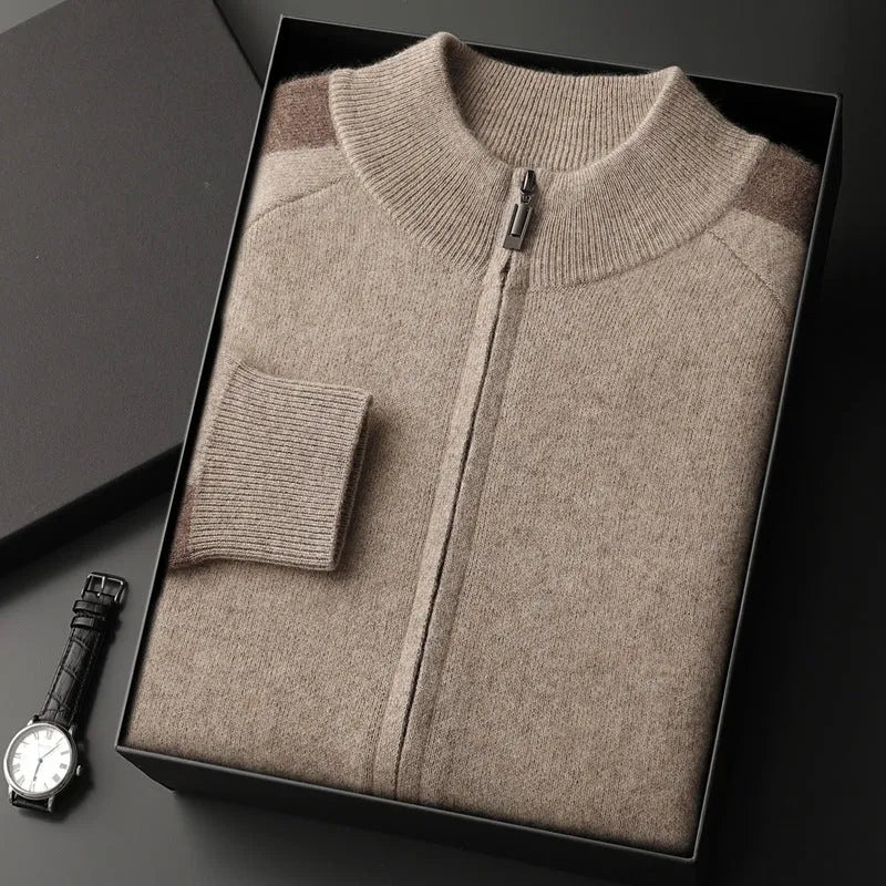 Men's camel coloured cashmere wool blend knitted cardigan suit with half turtleneck zip-up top and matching trousers