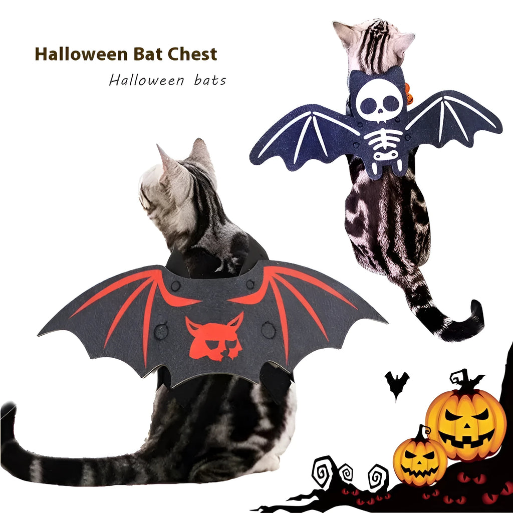 Halloween batwing costume for a cat or small dog made from orange and black felt.
