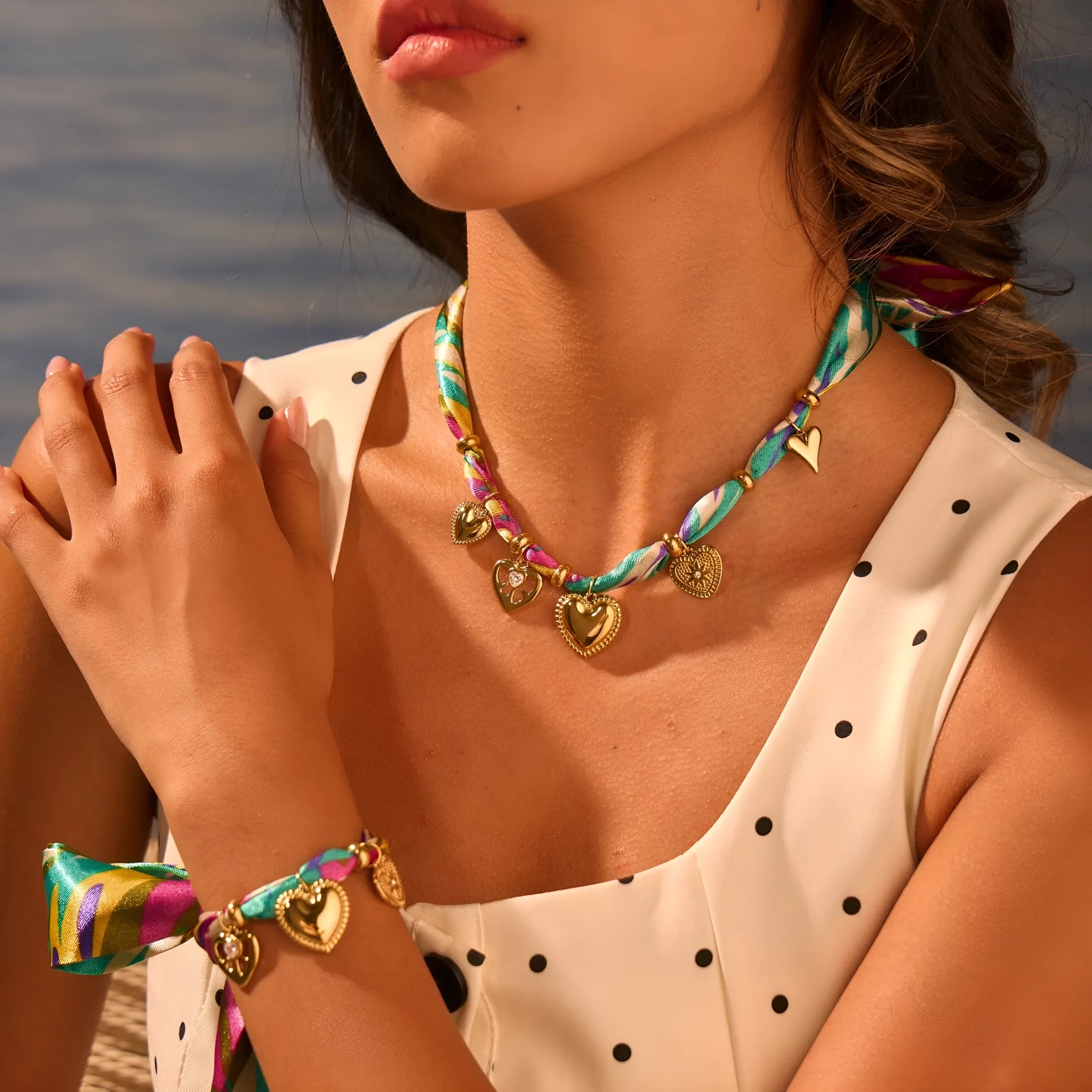 Women's stainless steel geometric pendant necklace and bracelet set with 18K gold plating on regular chain