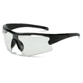 Windproof sports sunglasses with interchangeable lenses shown in black frame and grey lens option.