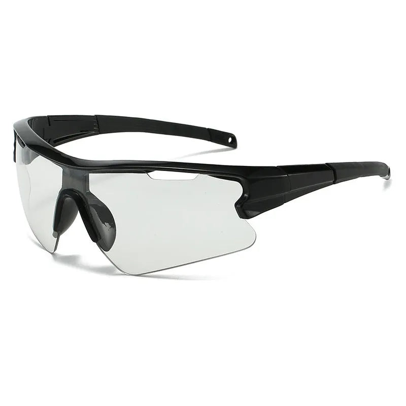 Windproof sports sunglasses with interchangeable lenses shown in black frame and grey lens option.