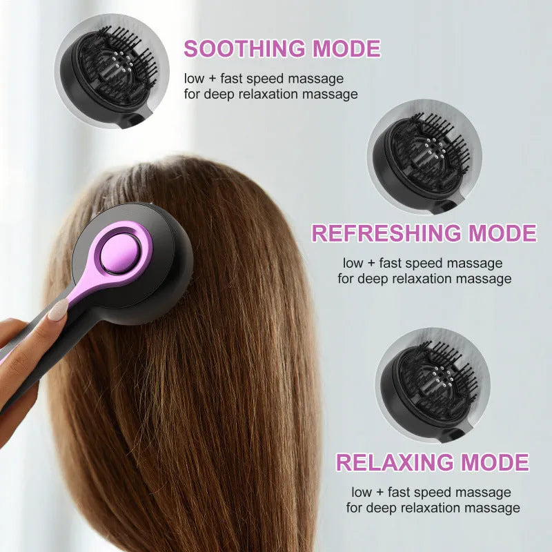 Black USB-powered head massager with a comb head and mechanical speed control switch