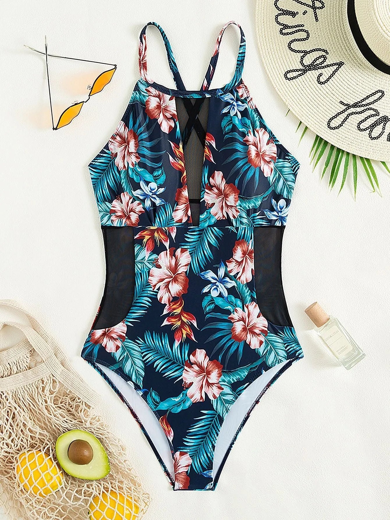 Women's deep V-neck one-piece swimsuit in a solid colour, gradient, or print pattern.