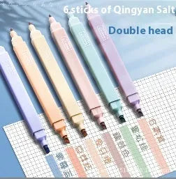 Set of double-headed fluorescent marking pens showing fine and broad tips, in mixed colours.