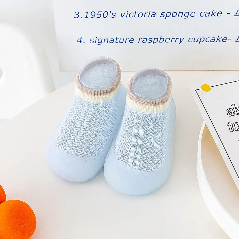 Children's cotton mesh anti-mosquito sock shoes in pink with non-slip sole, short tube style