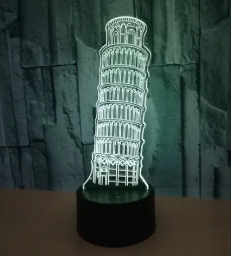 Leaning Tower of Pisa 3D acrylic nightlight with multi-colour LEDs on a black base.