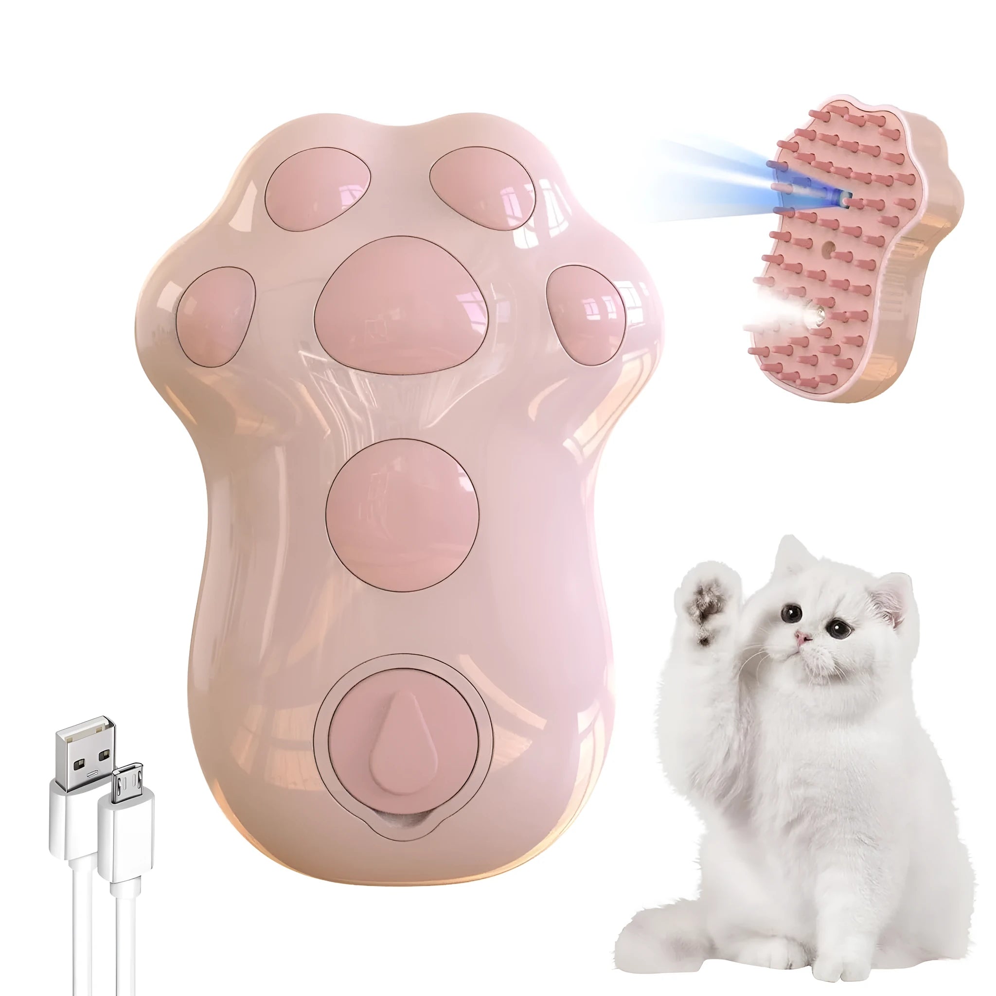 Blue self-cleaning cat steam brush with silicone head and water spray function.