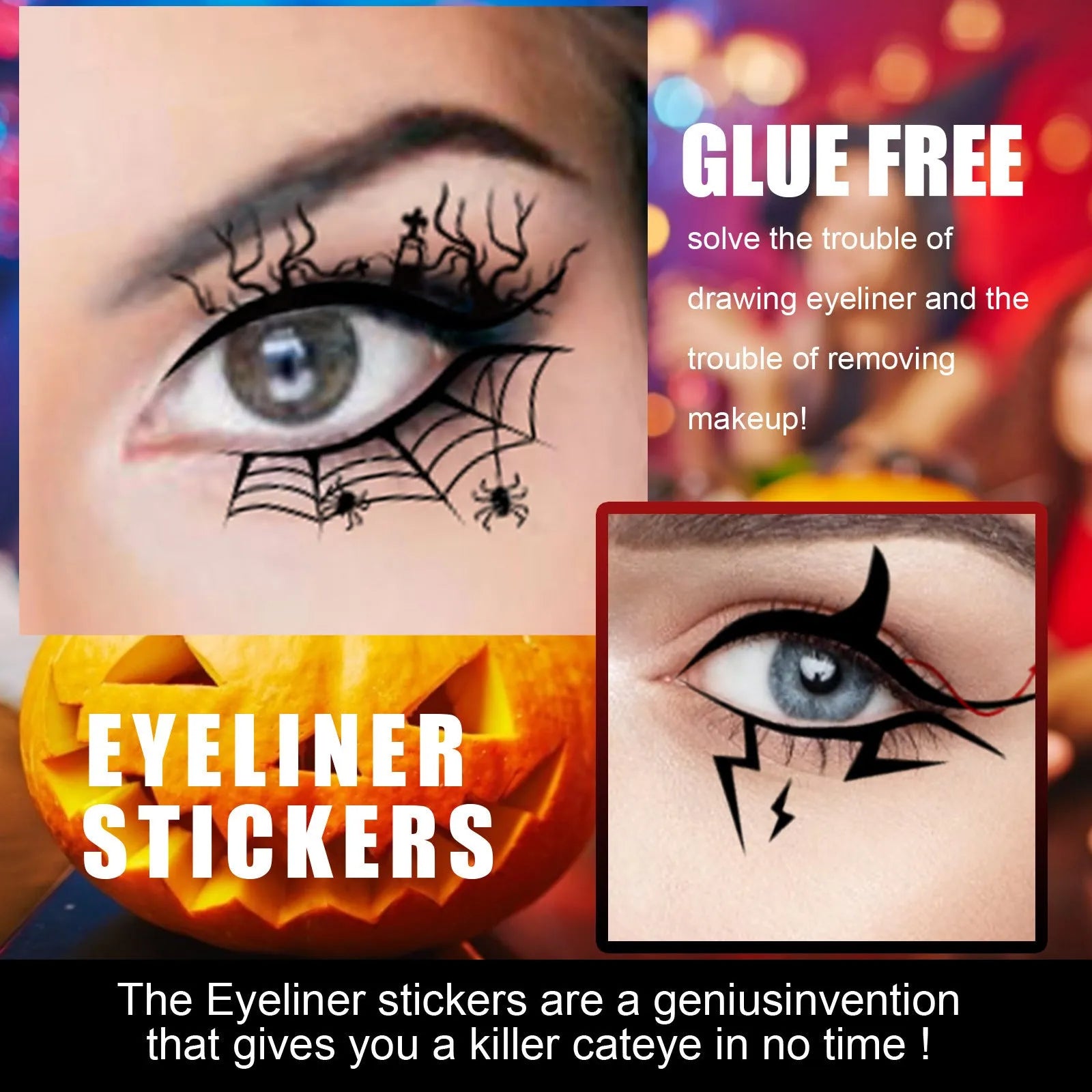 Pack of 8 pairs bat and spider decorative eyeliner stickers for Halloween eye makeup