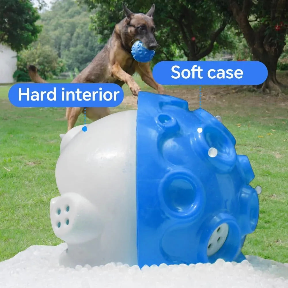 Colourful natural rubber dog toy ball with textured meteorite bumps for aggressive chewers with squeaky sound