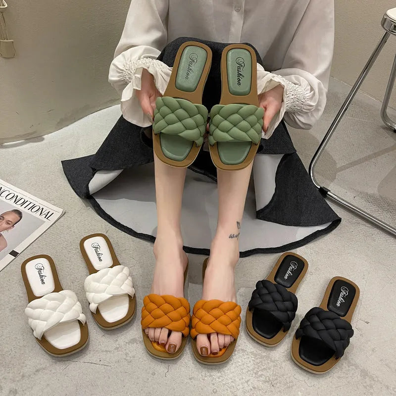 Women's plaid pattern casual sandals with thick PVC anti-skid sole in black, green, orange, and white colours.