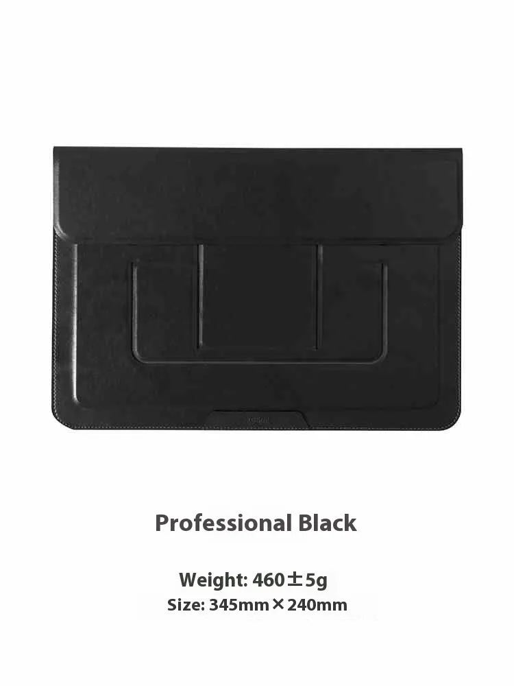 Black 13.3 inch laptop bracket bag with integrated adjustable stand in open and closed positions.
