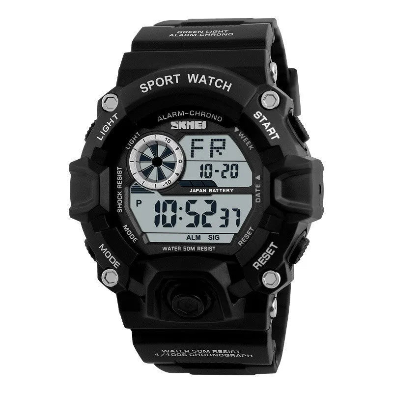Digital sports watch with round dial, plastic strap, and display showing time, date, and dual time zones.