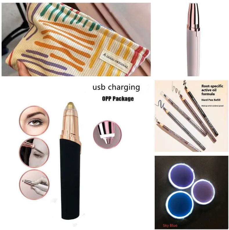 Eyebrow epilator pen with gold plated head and LED light on pink background