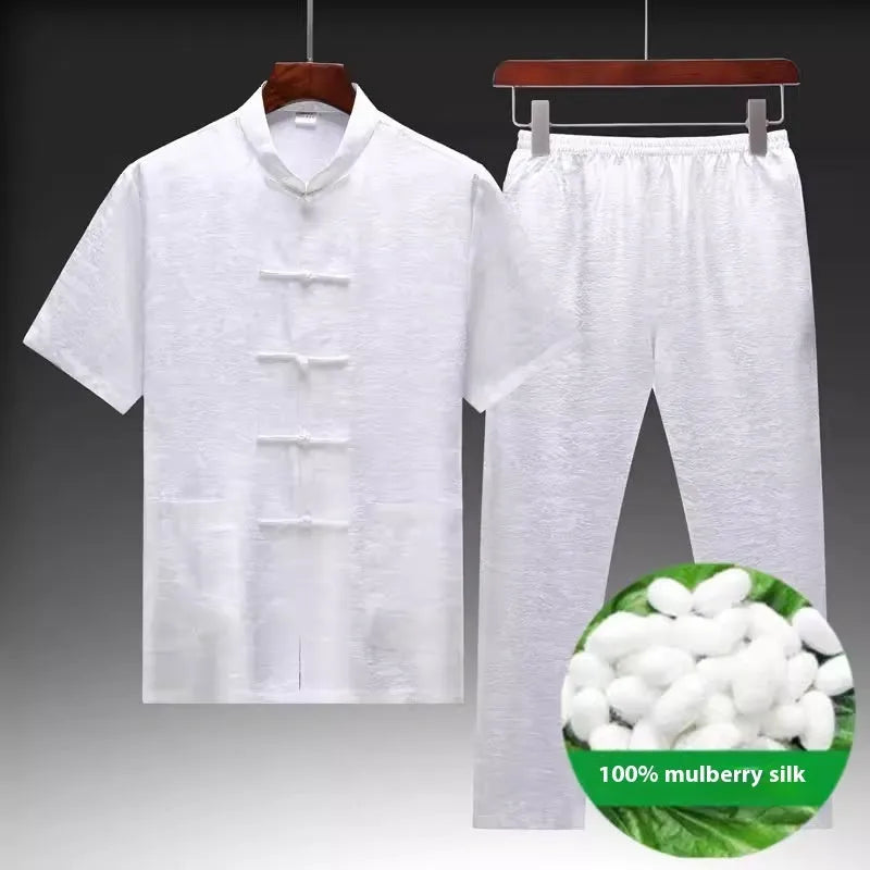 Men's mulberry silk Tang suit in traditional Chinese style with jacket and trousers