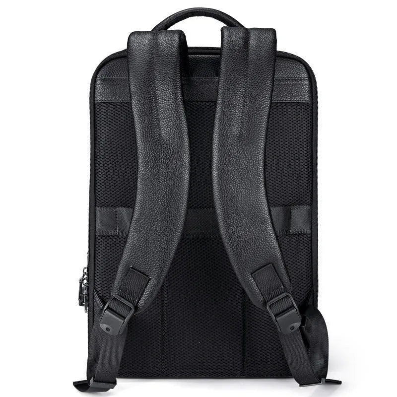 Black leather men's business computer backpack with curved shoulder straps and professional styling