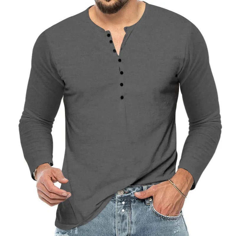 Men's breathable polyester long sleeve henley t-shirt in army green with henley neckline, front view
