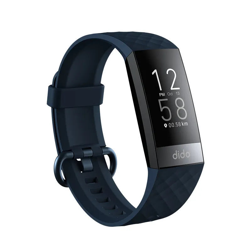 Black smart bracelet with 1.1-inch screen showing health metrics like heart rate and ECG, on a wrist.