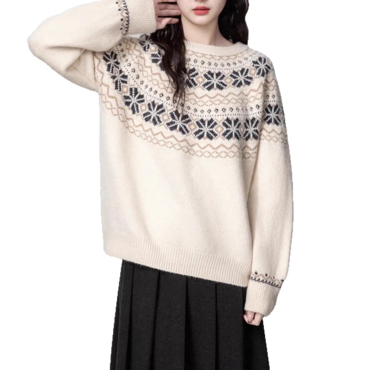 Women's milky white vintage fair isle knit sweater with geometric pattern, loose fit and crew neck