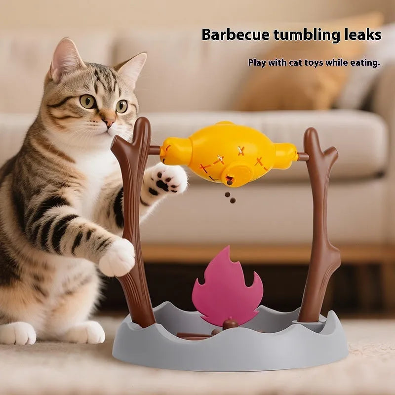 Barbecue-shaped tumbling cat feeder toy for interactive food dispensing play