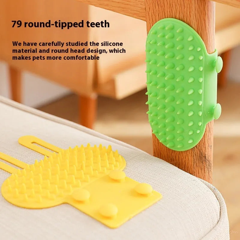 Silicone cat hair removal massage comb attached to a wall corner with rounded teeth for grooming