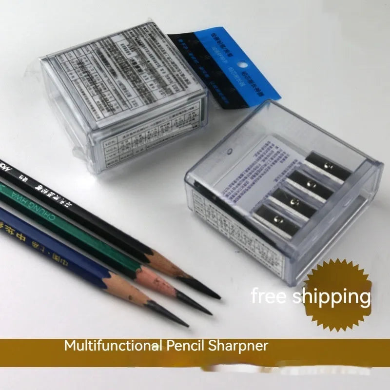 Four holes pencil sharpener with geometric plastic design and integrated screwdriver tool