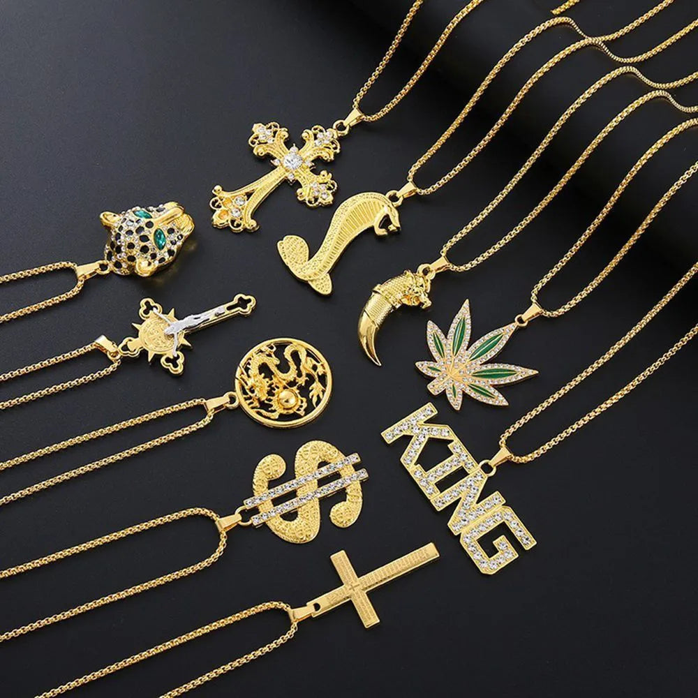 Geometric gold-tone alloy pendant necklace for women with an inlaid zircon stone.