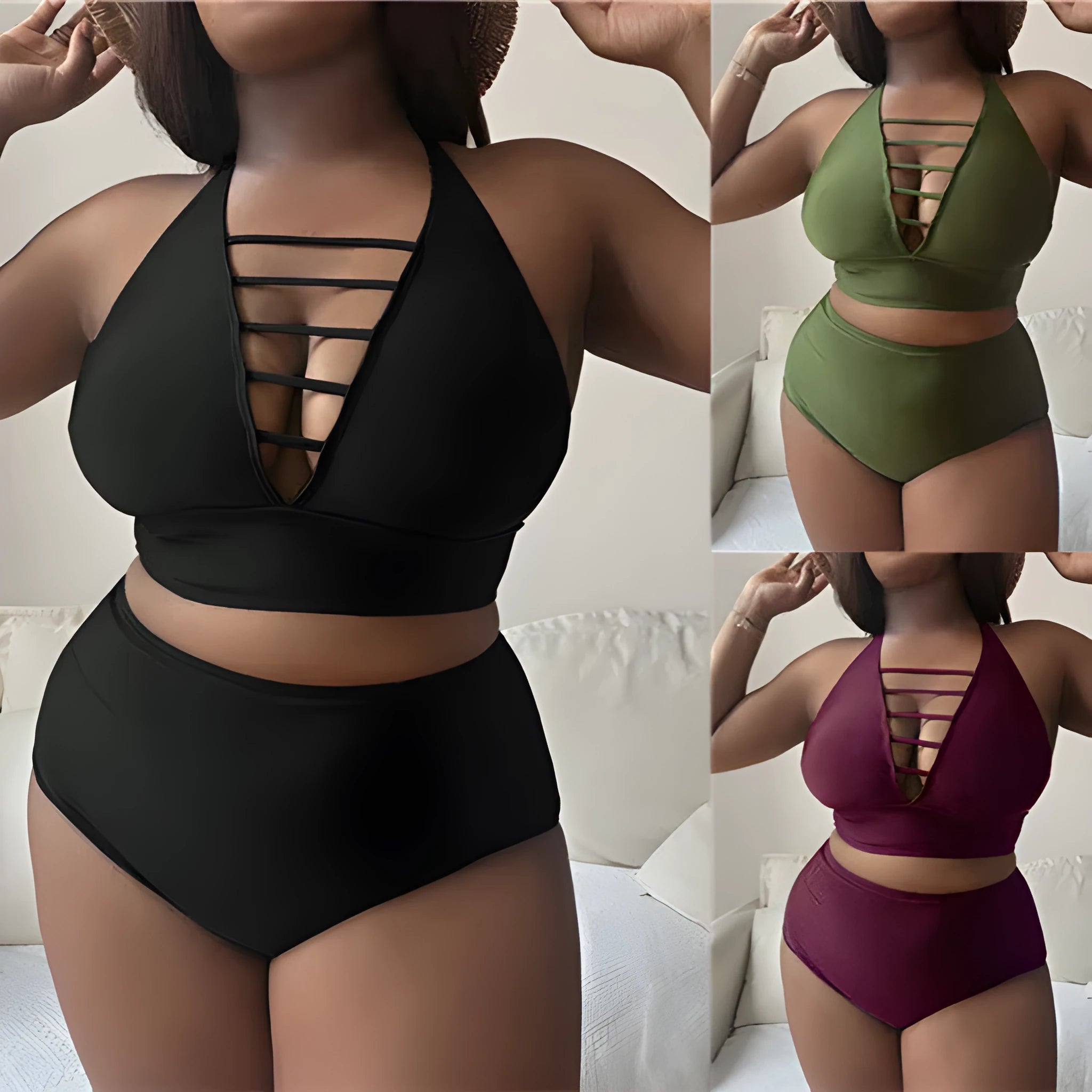Plus size black halter bikini with cross back design and high waist briefs on mannequin