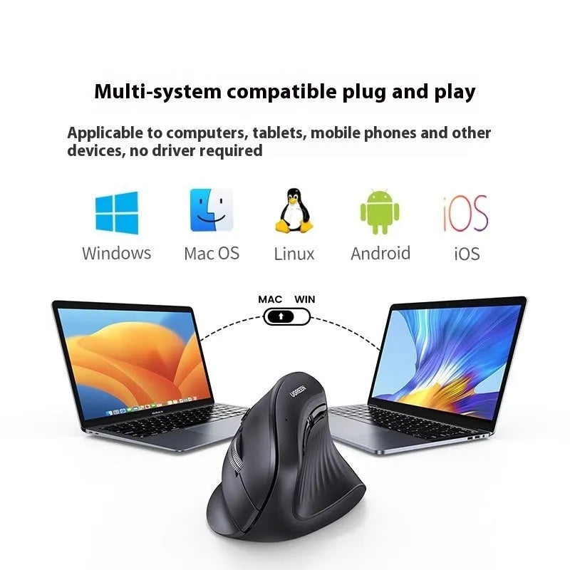 Ergonomic vertical dual-mode wireless mouse MU008 in black, with silent click buttons and DPI adjustment