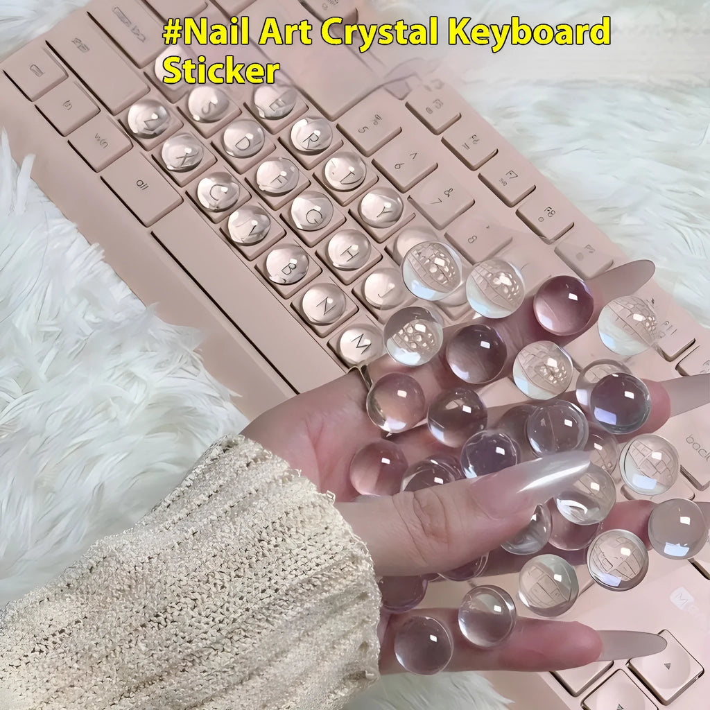 PVC crystal glass ball keyboard stickers in 12x6mm and 16x8mm sizes on a universal keyboard