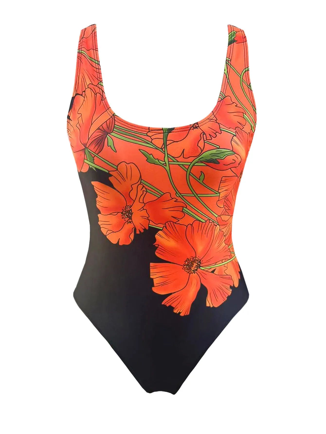 Orange flowers printed backless one-piece swimsuit laid flat, slim fit design.