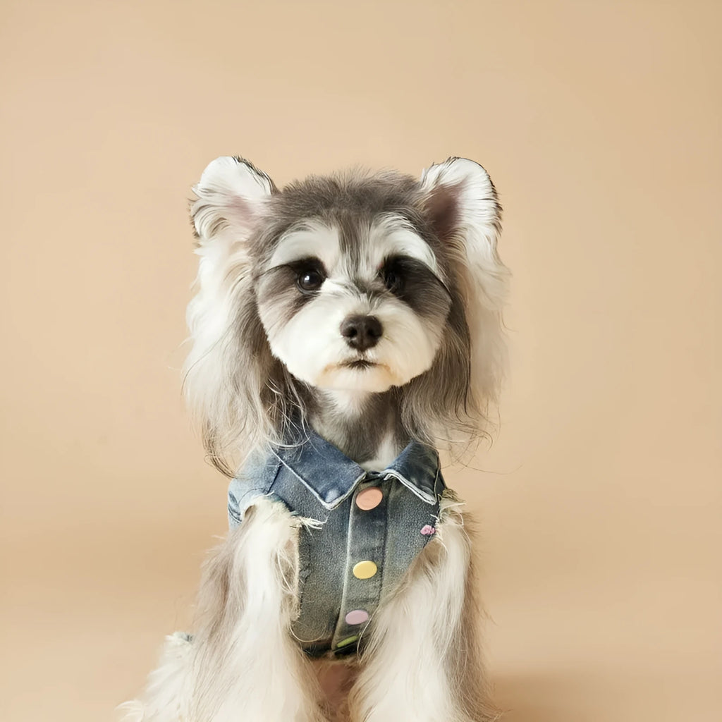Embroidered raw edge denim vest for small dogs Maltese Schnauzer Teddy Bear sleeveless casual wear