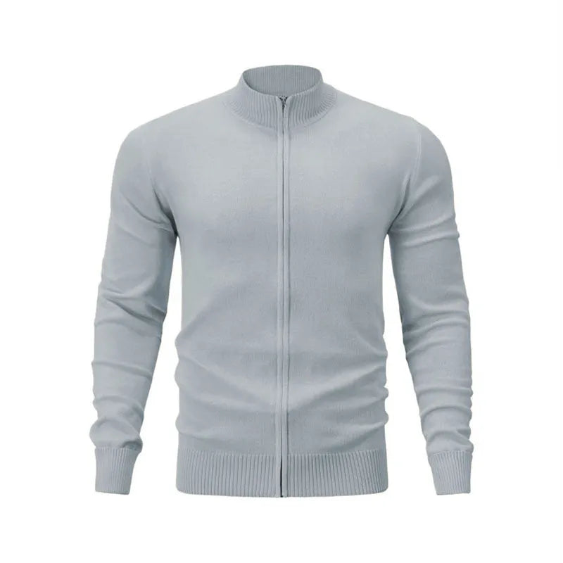 Man wearing a stand collar casual zip-up sweater in a solid colour, showing the full-length front zipper and loose fit.