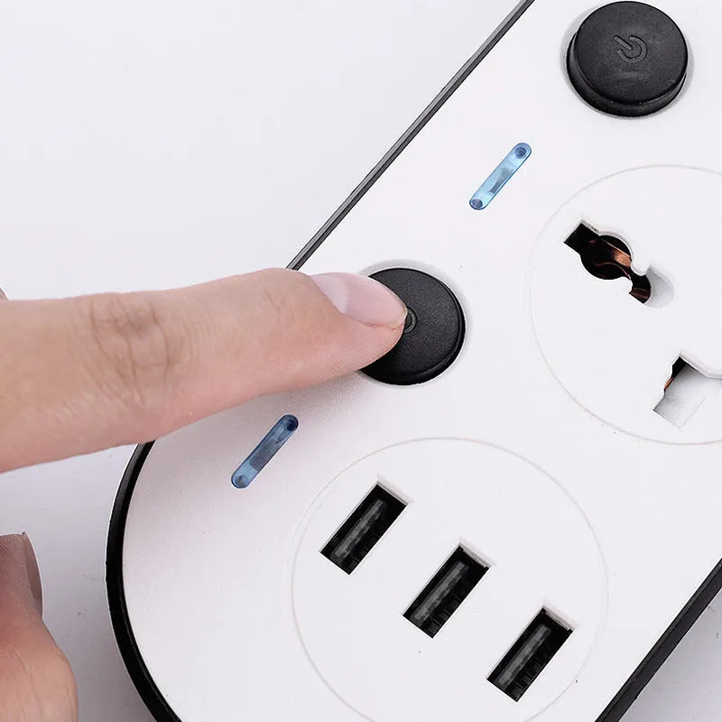 International power strip with UK, EU and US plugs, four sockets and USB charging ports
