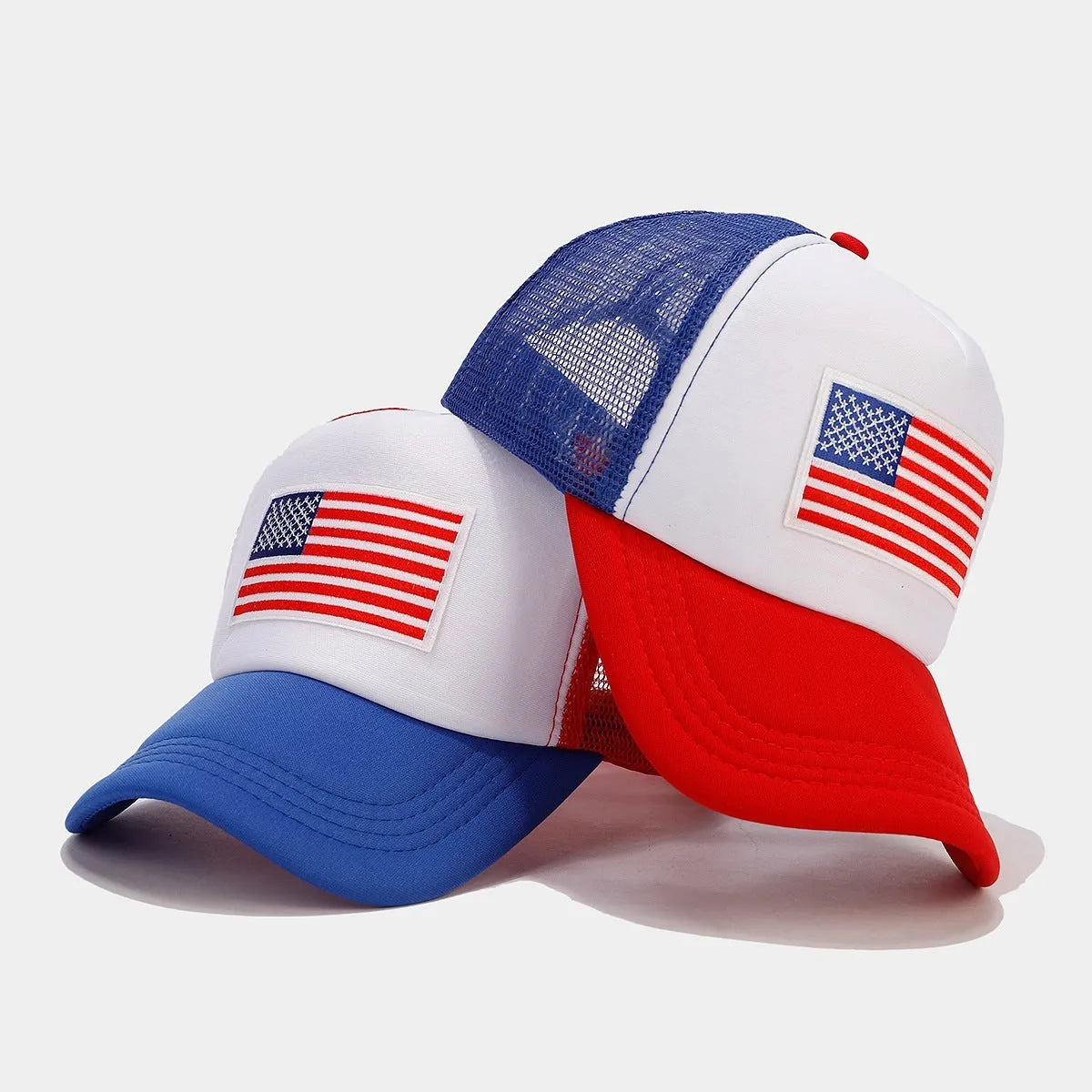 Red and blue mesh baseball cap with adjustable strap and dome crown design
