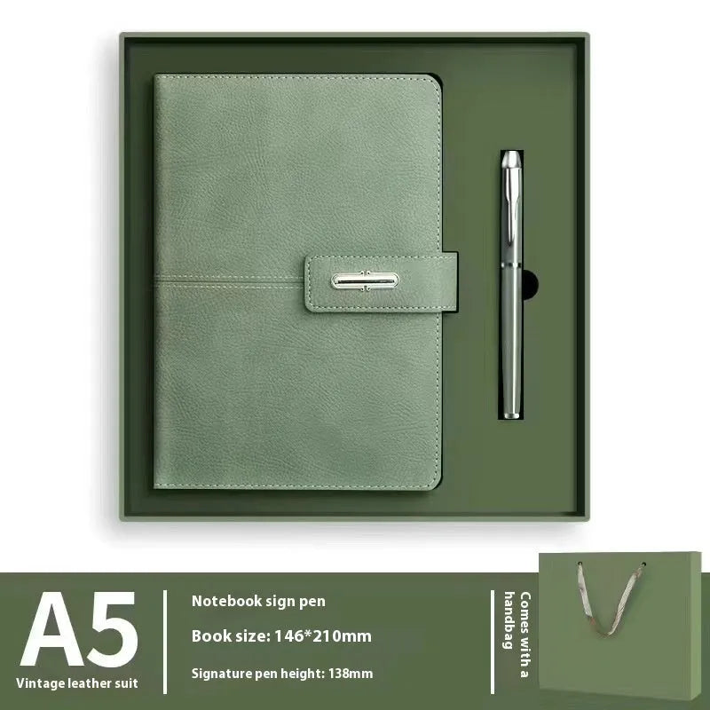 Custom A5 notebook with imitation leather cover in Business Black showing wood-free paper interior pages