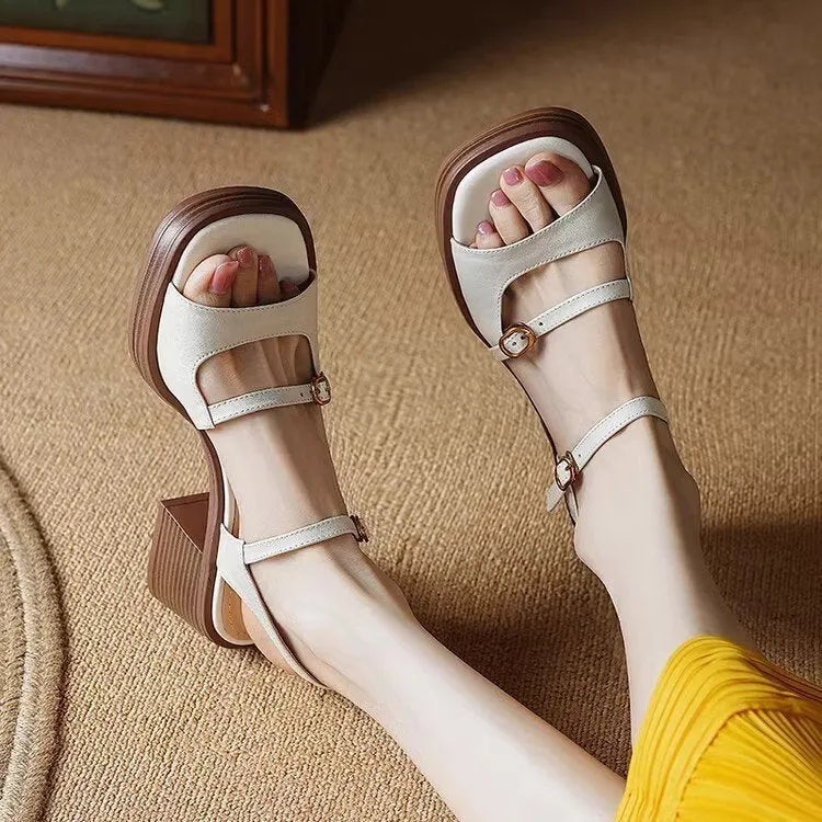 Women's retro platform sandals with open toe square toe design in milky white colour