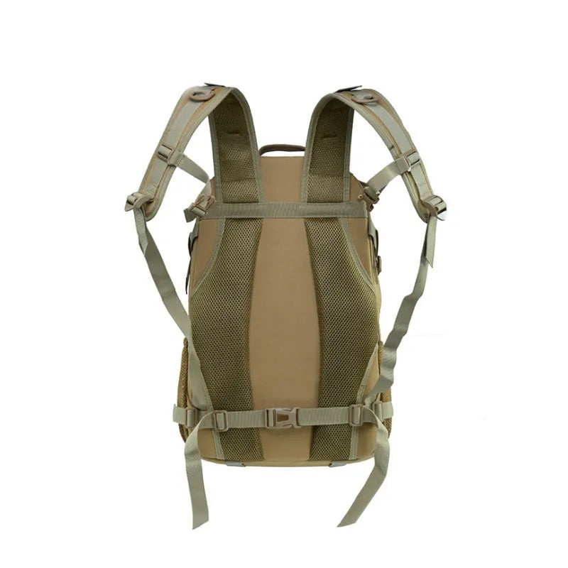 Outdoor mountaineering backpack in Oxford cloth shown in a camouflage colour with air pillow belt system.
