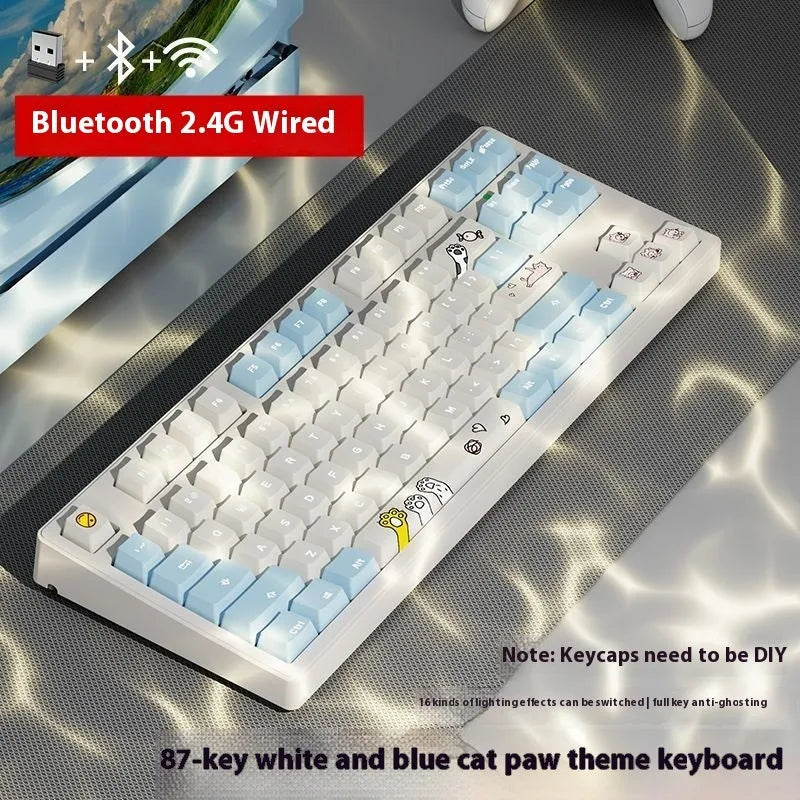 Wireless mechanical keyboard with three connection modes, shown in a choice of 87-key or 108-key layouts and various colour themes.