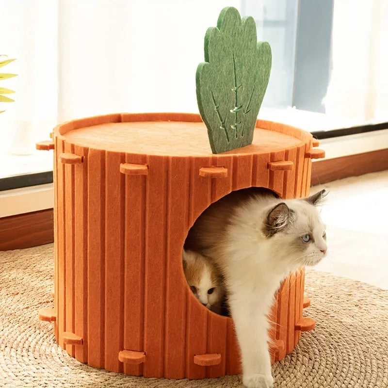 Carrot-shaped grey felt cat tunnel nest for cats, shown in a semi-enclosed design.
