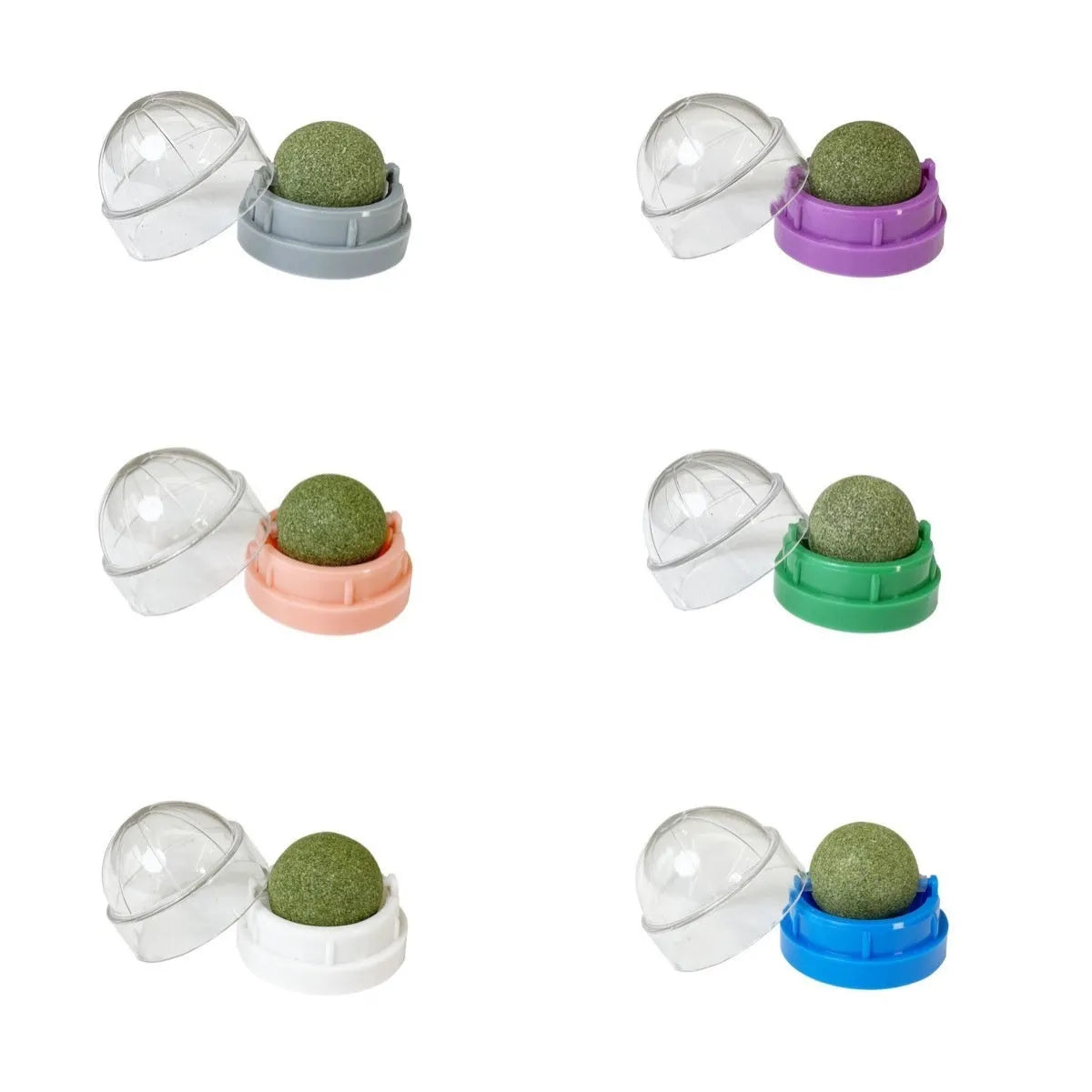 Plastic catnip ball toy in assorted colours with a textured surface for feline teeth cleaning.
