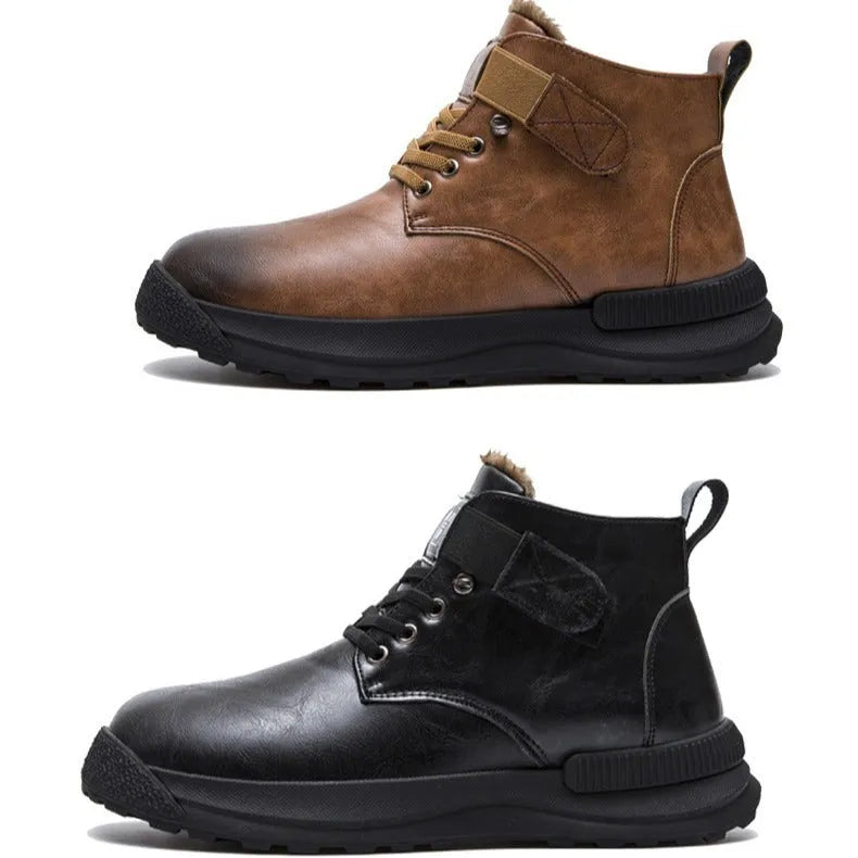 Black high-top Martin platform boots with velvet finish and rubber sole