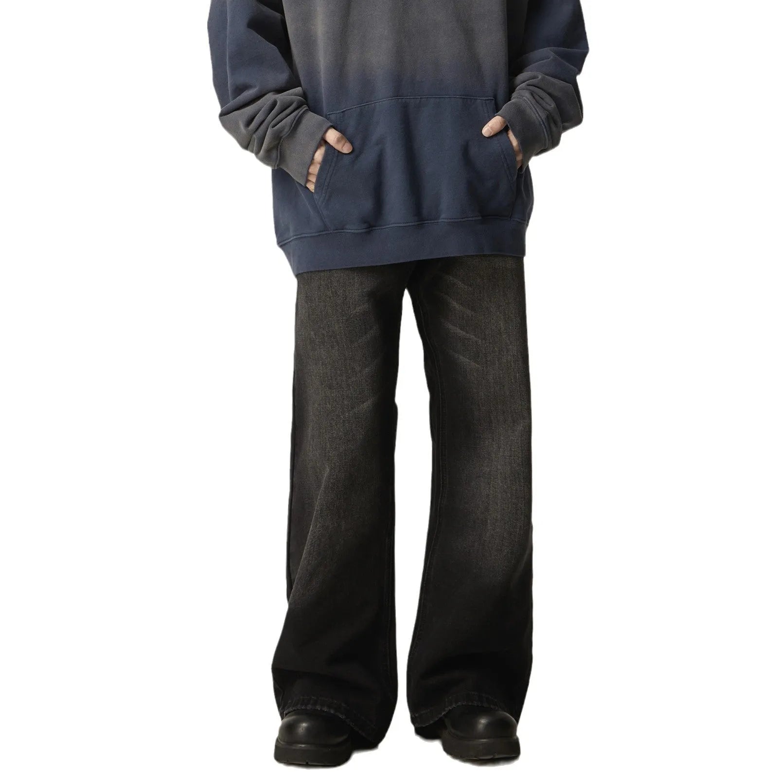 Black straight leg jeans with loose retro styling and basic zip fly design